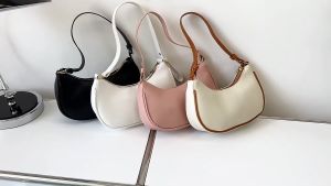 Women Vintage Crescent-shaped Solid Color Zipper Dumpling Shoulder Bag Half-moon PU Leather Fashion Underarm Bag