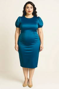 Plus Size Midi Pencil Dress with Short Sleeves and Round Neck in Teal