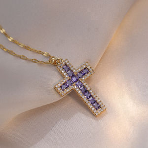 Luxury Purple White Zircon Big Cross Pendant Clavicle Necklaces For Women Stainless Steel Chains Choker Birthday Jewelry Gifts