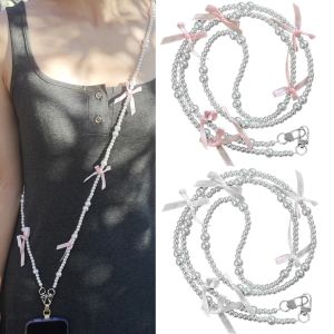 Korea Ins Bowknot Pearl Phone Charm Chain Anti-fall Mobile Phone Lanyard Straps Girl Jewelry Hanging Rope for IPhone Samsung
