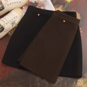 Black Wool Skirt Womens 2024 Autumn and Winter New Arrival Easiest for Match Short High Waist Slim Looking Brown A- line Skirt