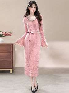 Elegant V-Neck Long Sleeve Heavy Beading Slim Fit Dress Womens High Waist Bell Sleeve Gown for Banquet Party Polyester Fiber