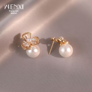 WENXI | Bông Tai Hình Hoa Ba Lá Đá Zircon Màu Vàng Nhẹ Nhàng
