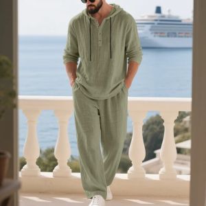 Mens Linen Casual Set 2 Pieces Spring Summer Loose Fit Hooded Henley Shirt & Pants Set Breathable Outdoor Vacation Style