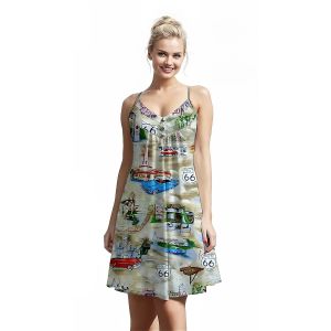 Jumeast Funny Car Pattern Women Fashion Button Sling Dress Dinosaur Vintage 3D Printed Beach Elegant Skirt Tropical Hawaiian Casual Clothing