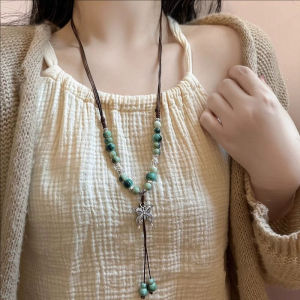 Vintage Ceramic Butterfly Pendant Necklaces for Women New Chinese Ethnic Style Long Adjustable Handmade Beaded Necklaces Jewelry