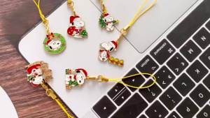 Bandai | 6Pcs Christmas Cartoon Puppy Dog Enameled Phone Charm Set Lanyard Metal Pendant Keychain Holiday Gift for Fans