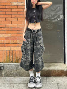 American Vibe Retro Camouflage Workwear Shorts Women High Street Loose Wide Leg Seven-Foot Pants Trendy Brand Denim Jeans