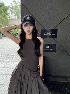 Summer Grey Halter Dress Womens High Waist A-Line Maxi Skirt Design Sense Splice Dress Korean Style Casual No Sleeve