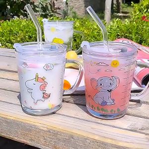 400ml Milk Cup Water Cup With Straw Gift Cup With Handle Dinosaur Unicorn Cartoon Star Scale