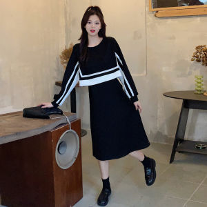 Slimming A-Line Midi Dress Color Block High Waist Design Long Sleeve round Neck Spring Commute Style Elegant Womens Dress