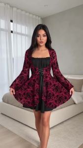 Ladies plus Size Elegant Gothic Floral Lace Dress Gothic Style Dress for Women with Large Sizes