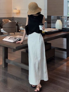 Autumn Winter Linen Cotton Loose Feel Luxury Black Sleeveless Dress Set Elegant High Waist A-Line Skirt City Commute Wear
