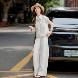OUCAO | Linen Casual Set Sleeveless Shirt Trousers 2 Pieces