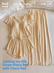 Miiow | Cat Woman Ice Silk Sleepwear Summer Short Sleeve Long Pants Shorts Three Piece Set Thin Pure Desire Home Clothes With Chest Pad