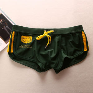 แฟชั่นกางเกงว่ายน้ำเอวต่ำกางเกงว่ายน้ำผู้ชายกีฬาฟิตเนสชุดว่ายน้ำชายหนุ่ม เซ็กซี่ สแควร์ เลกกิ้ง ไนลอน สแปนเด็กซ์