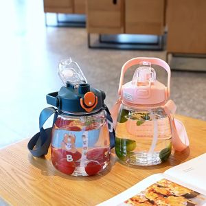 🌸Local Seller🌸 Big Belly Large Capacity Transparent Water Bottle with Straw & Strap + Cute Stickers 水壶