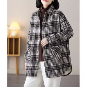Áo Sơ Mi Dài Tay Ca Rô Chà Nhám Dày Dặn Lót Lông Áo Khoác Áo Sơ Mi Rộng Rãi Mẫu Mới Mùa Thu Đông Cho Nữ Áo Che Mỡ Thon Gọn