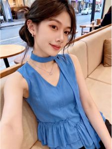 chaqi | Dopamine-Boosting Necktie V-Neck Flounce Sleeveless Top