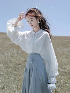 White Loose Long Sleeve Lantern Sleeve Shirt Stand Collar Butterfly Knot Tie Commute Top Autumn 2024 Straight Cut Artistic Style