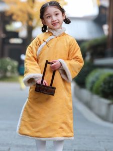 Retro Long Childrens Cheongsam Winter New Year Visiting Dress Girls Traditional Chinese Costume National Style New Year Gown