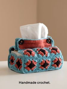 กล่องใส่ผ้าเช็ดหน้าถักแบบมือทำสไตล์ย้อนยุค 100 แผ่น อุปกรณ์ตกแต่งภายในรถยนต์ กล่องใส่ผ้าเช็ดหน้าผ้าฝ้าย