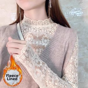 French Style Winter Fashion Half High Neck Lace Velvet Blouse