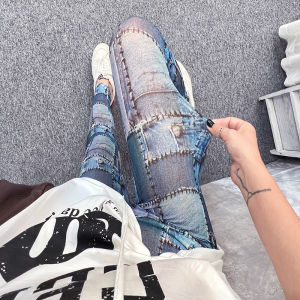 กางเกงตัวในสไตล์ยุโรปและอเมริกากางเกงรัดรูปผ้ายืดใหญ่ผ้าตาข่ายใส่ด้านนอกสำหรับผู้หญิงกางเกงขายาวพิมพ์ลายขาเดฟสียีนส์แฟชั่นระบายอากาศได้ดี