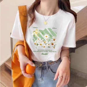 เสื้อยืดแขนสั้นสีขาวสำหรับผู้หญิง ทรงหลวม คอกลม เอฟเฟกต์ลำลอง สไตล์เกาหลี แฟชั่นฤดูร้อน