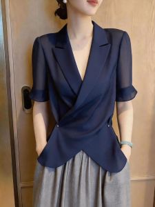 KUNAILIN | Commute Style Slimming Blue V-Neck Short Sleeve Shirt