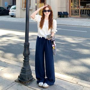 Quần Ống Rộng Màu Xanh Lam Vải Lanh Cạp Cao Mùa Hè Cho Nữ Quần Dài Thường Ngày Rộng Rãi Dài Đến Sàn Có Túi