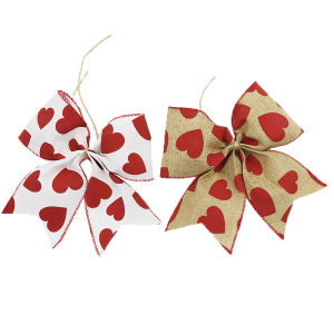 (2 Pcs) 15cm Heart-Shaped Pattern Bow Valentines Day Decoration Pendant DIY Handmade Ribbon Bows Hair Clothing Accessory