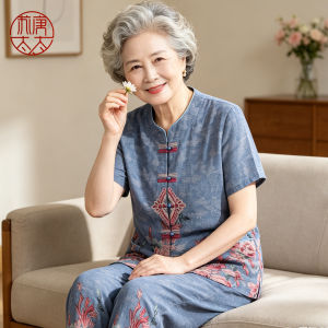 Elegant Short Sleeve Shirt Set for Elderly Women Summer Fashion Two-Piece Suit 60 Years Old Mom Mrs. Clothes Casual Loose Fit