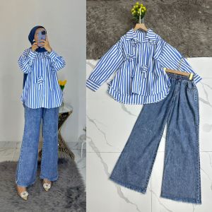 Oneset Jeans Kemeja Salur