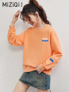 Orange round Neck Sweatshirt Womens Casual Fashionable Loose Fit Spring Autumn New Style Small Size Versatile Trendy Top