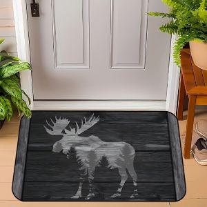 VIKAMA Black Vintage Elk-Print Floor Mat Machine Washable Entry Mat Suitable For Bedroom Living Room Home Decoration.