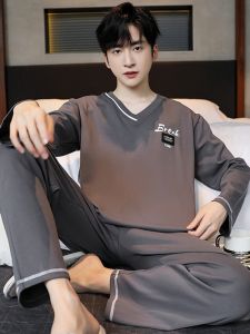 Mens Pure Cotton Sleepwear Long Sleeve Long Pants Loose Fit Home Clothes Set Spring Autumn Casual Style Student Home Suit