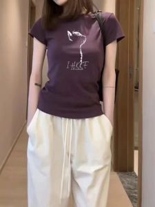 Slim Fit Pure Cotton Short Sleeve round Neck T-Shirt Womens Summer New Style Versatile Simple Body Shirt Top in Purple Color