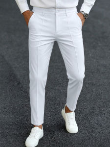 Men Vertical Seam Tapered Cropped Dress Pants 100% Polyester Slim Fit Solid White Ankle-Length Business Casual Trousers