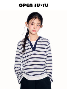 opennunu | Hooded Design Knitted Long Sleeve Stripe Tunic Top