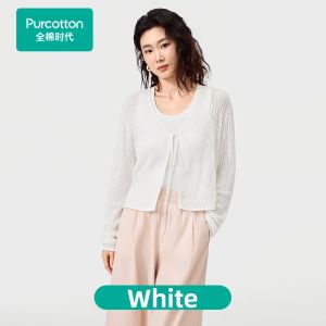 Purcotton | White Elegant Style Cotton Coat V-neck