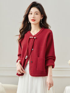 2024 New Spring Autumn Red Chinese Style Short Coat Casual Open Cardigan National Trend Mom Top Marimo Brand round Neck Long Sleeve