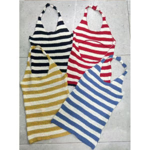 YUEZHONGWEI | Blue Striped Ice Silk Knitted Halter Vest Women Summer Outdoor Wear Slimming Short Sleeveless Top Fashionable Commute Style