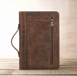 CONTACTS FAMILY Genuine Leather Bible Cover Carrying Book Cover Bag with Zipper Retro Holy Bible Storage Case