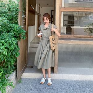Military Green Workwear Dress Womens Summer Hepburn Preppy Style Belted Shirt Skirt High Waist Polyester Fiber A-Line Long Dress