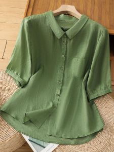 Casual Loose Cotton Linen Short Sleeve Shirt Women Summer Commute Artistic Simple Doll Collar Linen Small Top Upper Apparel