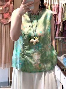 QINGNAER | Light Green Floral Print Traditional Neck Sleeveless Vest Large Size