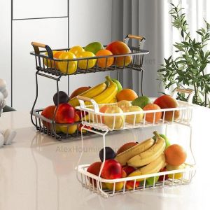 2 Tier Vegetable Fruit Basket Bowl Stand Detachable Metal Wire Basket with Wooden Handle for Kitchen Reception Dining Table