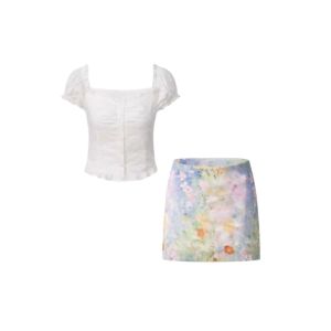 YUEZHONGWEI | Bộ đồ hai mảnh vai hở mùa hè 2025 Quần short ôm vừa vặn Áo chui đầu tay ngắn Thương hiệu Mid Month Vải polyester