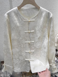 Retro Chinese Style Long Sleeve round Neck Shirt Single Button Embroidery High End Feeling Versatile Commute Top Trendy